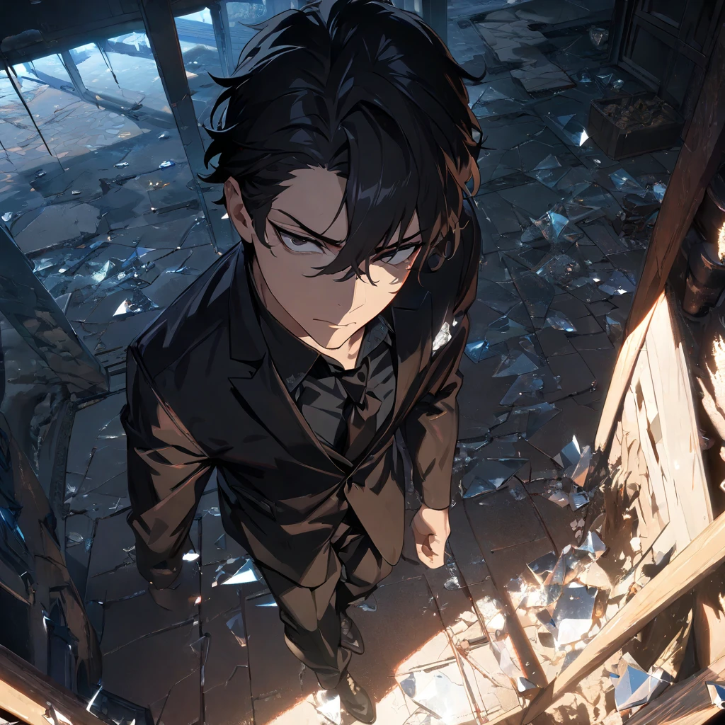 1 male, decisive, Strong body, black Eyes, Black Hair, Black suit, black shirt, tie, The underworld, Mafia Boss, Handsome, Solitary, 1 male, Black hair with smoky grey tips, Brown eyes, Black shirt, Black pants, smokes, night, rays of black light, The background is shattered glass fragments scattered around, indifferent, cold, Don't laugh, Residence, poker face, 4K, ((masterpiece)), ((best quality)), ((High Detail)), ((Practical,)) ((best quality)), ((masterpiece)), ((Practical)), high resolution, ((Intricate details)), Very detailed, masterpiece, best quality, (Very detailed CG unity 8k wallpaper), (best quality), (Best Illustration Award), (Best shadow), Ray tracing, Very detailed.