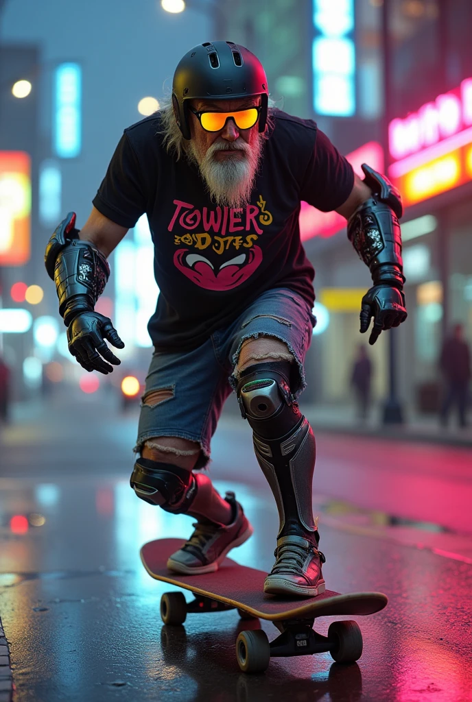 A, old cyborg (gray hair and beard, 80s pop culture tshirt and shorts, male, nike shoes, cyber arms and legs, fancy neon helmet and visor, calm, a few high tech gizmos) skateboarding through a cyberpunk neon trimmed city
