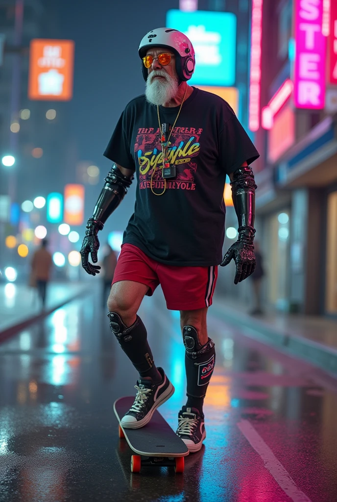 A, old cyborg (gray hair and beard, 80s pop culture tshirt and shorts, male, nike shoes, cyber arms and legs, fancy neon helmet and visor, calm, a few high tech gizmos) skateboarding through a cyberpunk neon trimmed city
