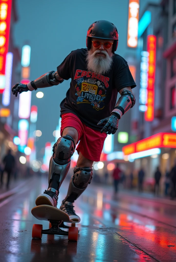 A, old cyborg (gray hair and beard, 80s pop culture tshirt and shorts, male, nike shoes, cyber arms and legs, fancy neon helmet and visor, calm, a few high tech gizmos) skateboarding through a cyberpunk neon trimmed city
