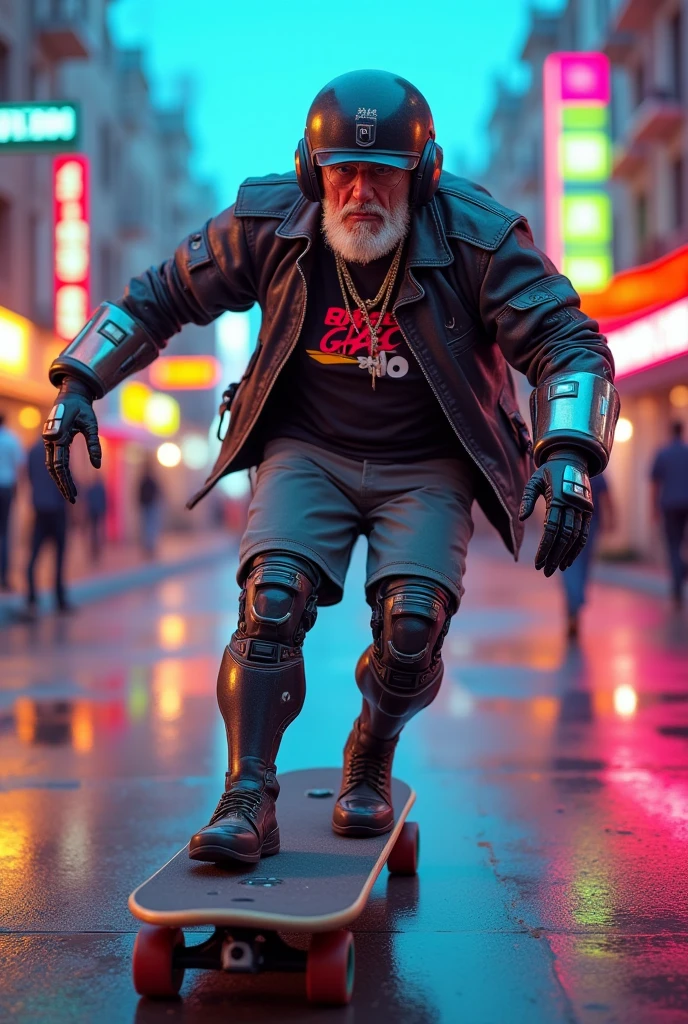 A, old cyborg (gray hair and beard, 80s pop culture tshirt and shorts, male, nike shoes, cyber arms and legs, fancy neon helmet and visor, calm, a few high tech gizmos) skateboarding through a cyberpunk neon trimmed city
