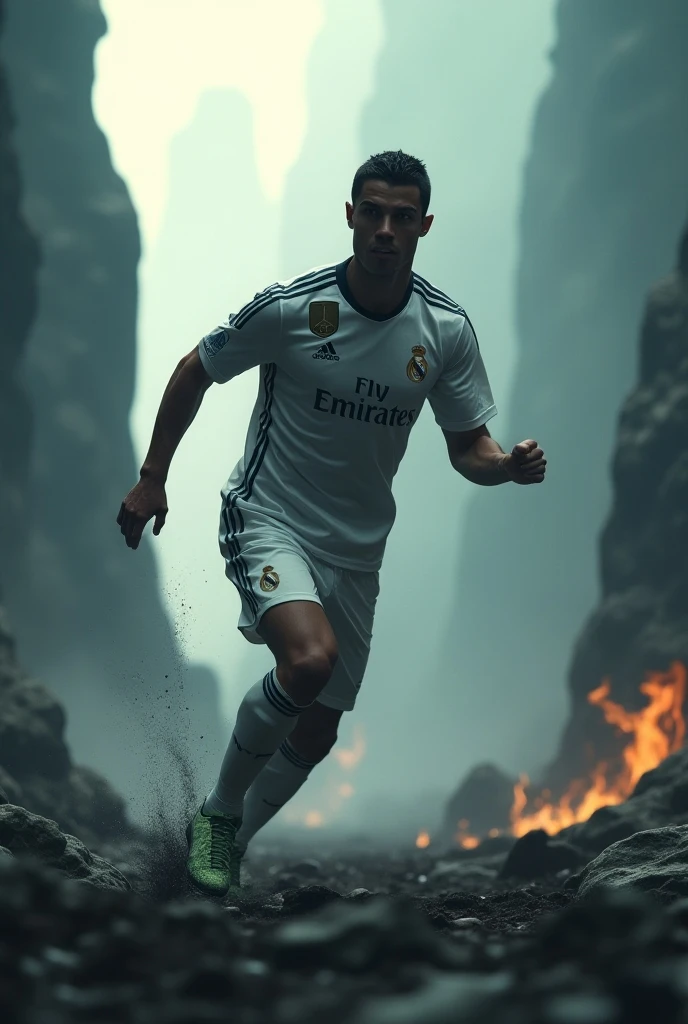 Ronaldo in real Madrid shirt passing through harsh conditions as from aliens