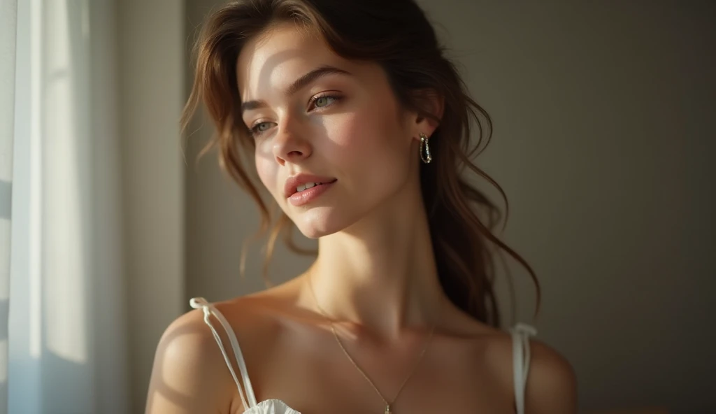femme fine brune seins moyen qui se caresse chez elle est assise sous la douche hiper realiste