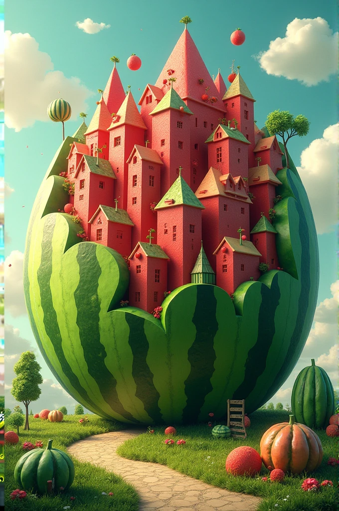A very large watermelon and a city of houses made of it