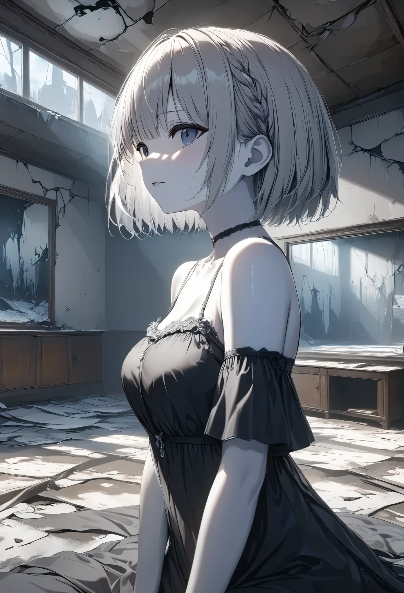 masterpiece, best quality, 8k, highres, ultra-detailed, HDR, UHD, 1girl, uzaki hana,
upper body,side view,Transparent white skin,black dark dress,derelict room