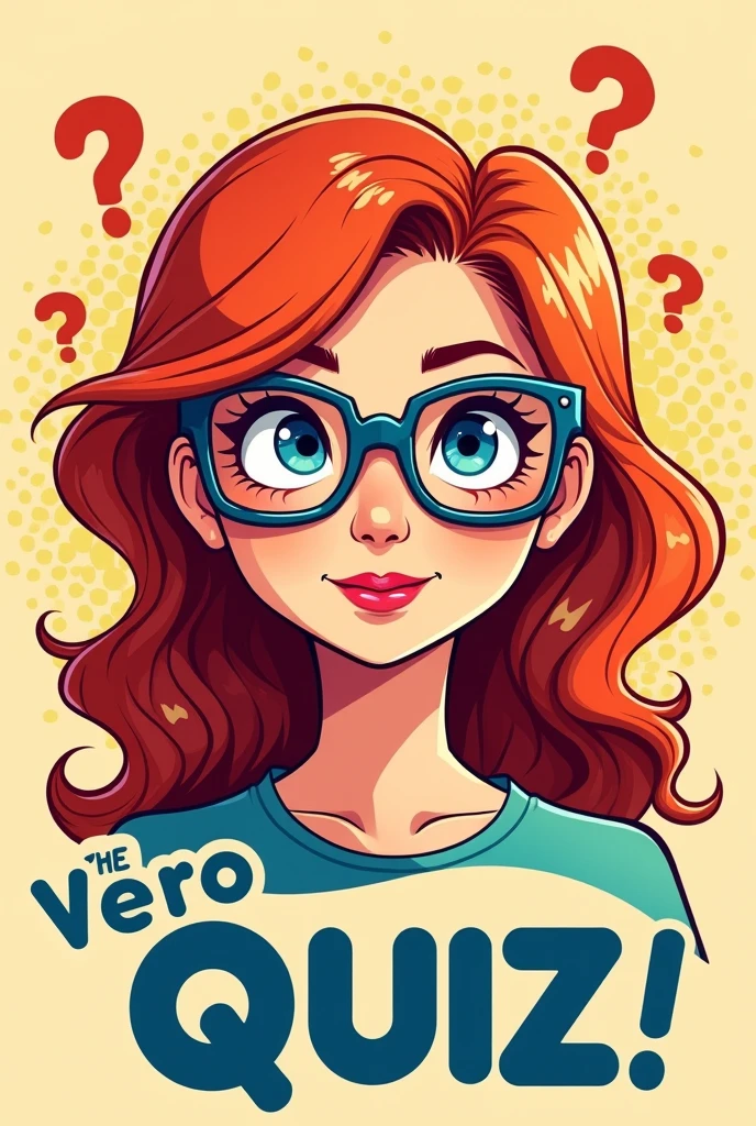 Logo "the vero quiz" style comics avec une rousse à lunettes aux yeux bleus avec des points d'interrogation