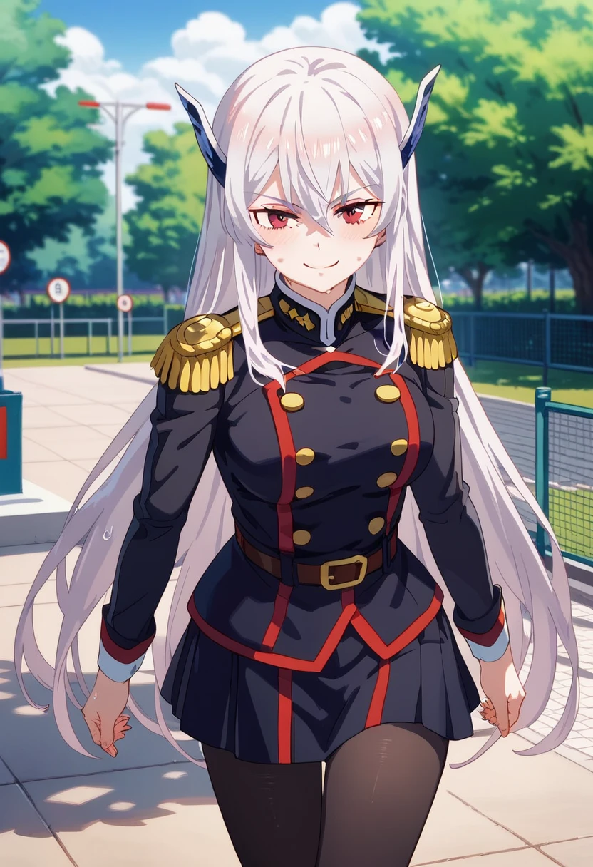 BREAK nsfw, masterpiece, best quality,1girl, kyouka uzen, long_hair, 1girl, solo, white_hair, red_eyes, hair_between_eyes , uniform, Team uniform,Military uniform, black pantyhose, Sweat,BREAK {{{best quality, very aesthetic, ultra-detailed, extremely detailed, perfect anatomy}}}, BREAK smile,walk in park,