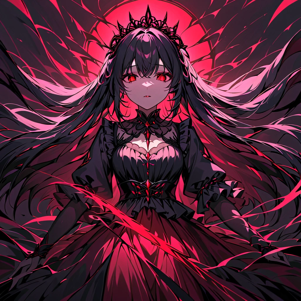 1 girl, black hair, long hair, red eyes, {glowing eyes}, black batten lace, black prairie blouse, red tulle skirt, darkness effect, Fallen into Darkness, the Villainous Lady, ((((darkness)))), 8K, Unexpected beauty, memorable masterpieces