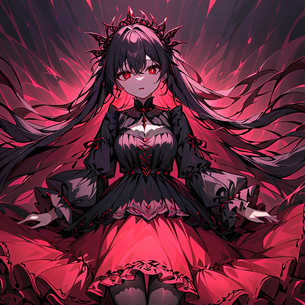 1 girl, black hair, long hair, red eyes, {glowing eyes}, black batten lace, black prairie blouse, red tulle skirt, darkness effect, Fallen into Darkness, the Villainous Lady, ((((darkness)))), 8K, Unexpected beauty, memorable masterpieces