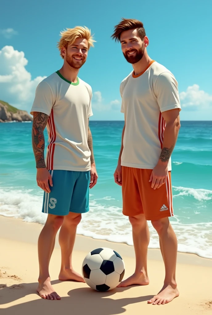 Messi and Ronaldo playing football on the beach in swimsuits