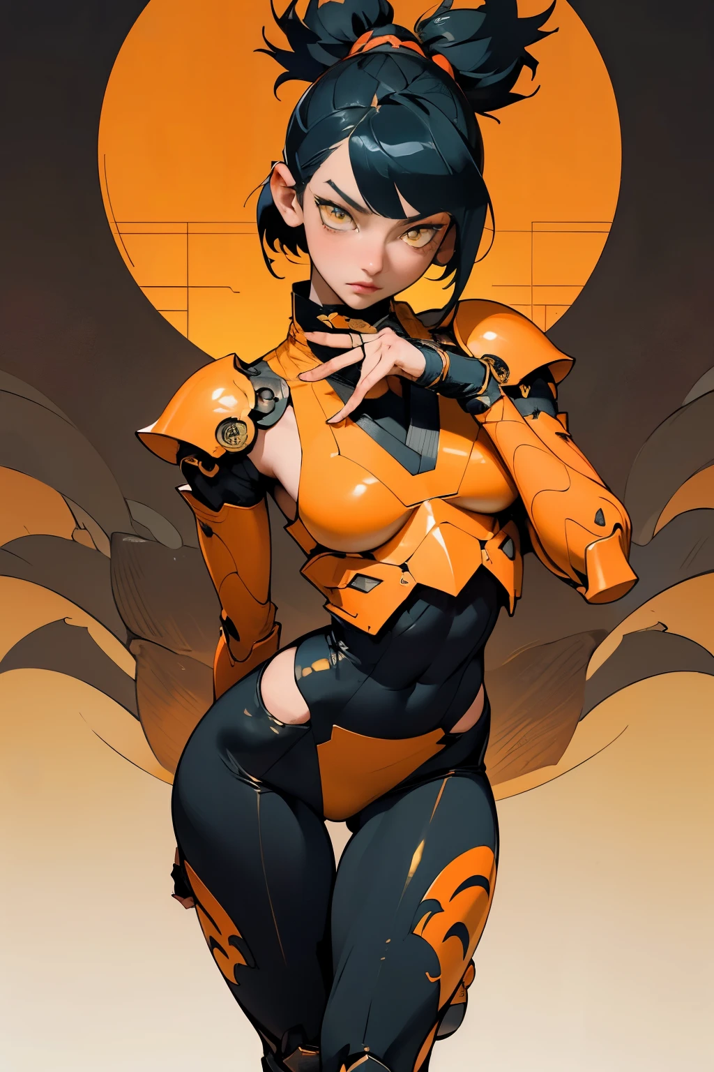 [Shinjuku background at night],Ginrei from Giant robot, (HENTAI ANIME) (Japanese NINJA Girl (Beauty) 19yo student) petite and muscular [Slim & fit body], Short Bob Cut,([hornet] Orange Ninja Battle Armor) scarf [stall] ((Fitting rubber inner) [honeycomb] [edg]) hair adornments (Dull metallic luster:0.8),gravure [KUNOICHI],(Perfectly proportioned),Ideal color coordination),(Intricate and beautiful decoration (Dense detail)),[Perfect hand details],(Beautiful perfect face, yellow eyes, yellow irises, [Perfect eye details, [Full body like], fit thighs, thigh gap,[[Desaturation]], pretty hands, perfect fingers