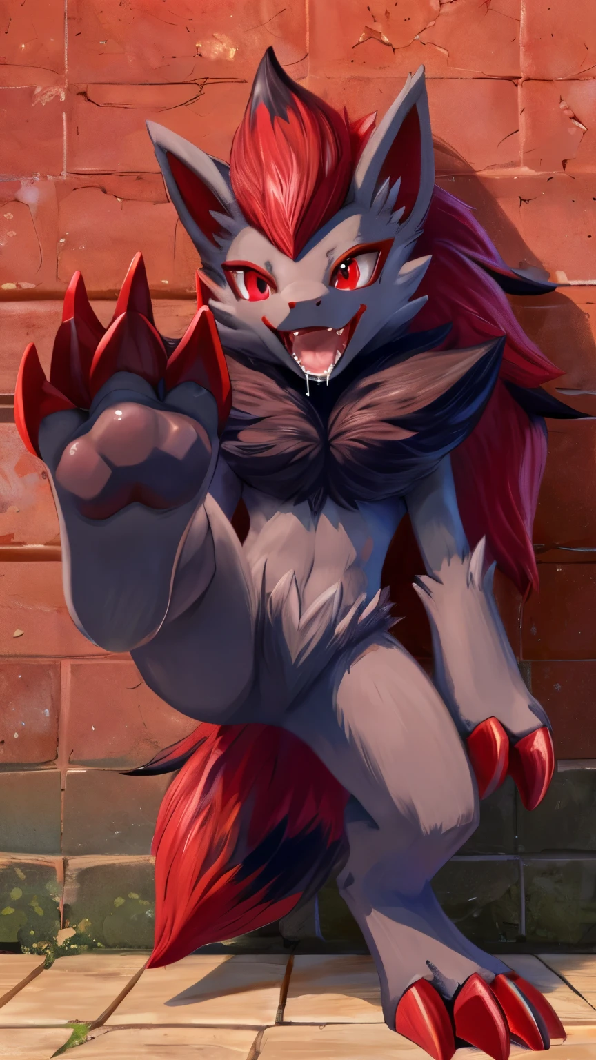 by:augury (artist)， ,cute，，all body ，(red eyes ,Frontal: 1.5)，solo,smile,standing on the ground，zoroark,saliva, open mouth,raised leg,orgasm face ,looking pleasured，smile，(red eyes: 1.5)，solo，openmouth，，toe claws,teeth,tail，facial tuft，claws, , ((feet paws)),(4 toes), , (foot focus),