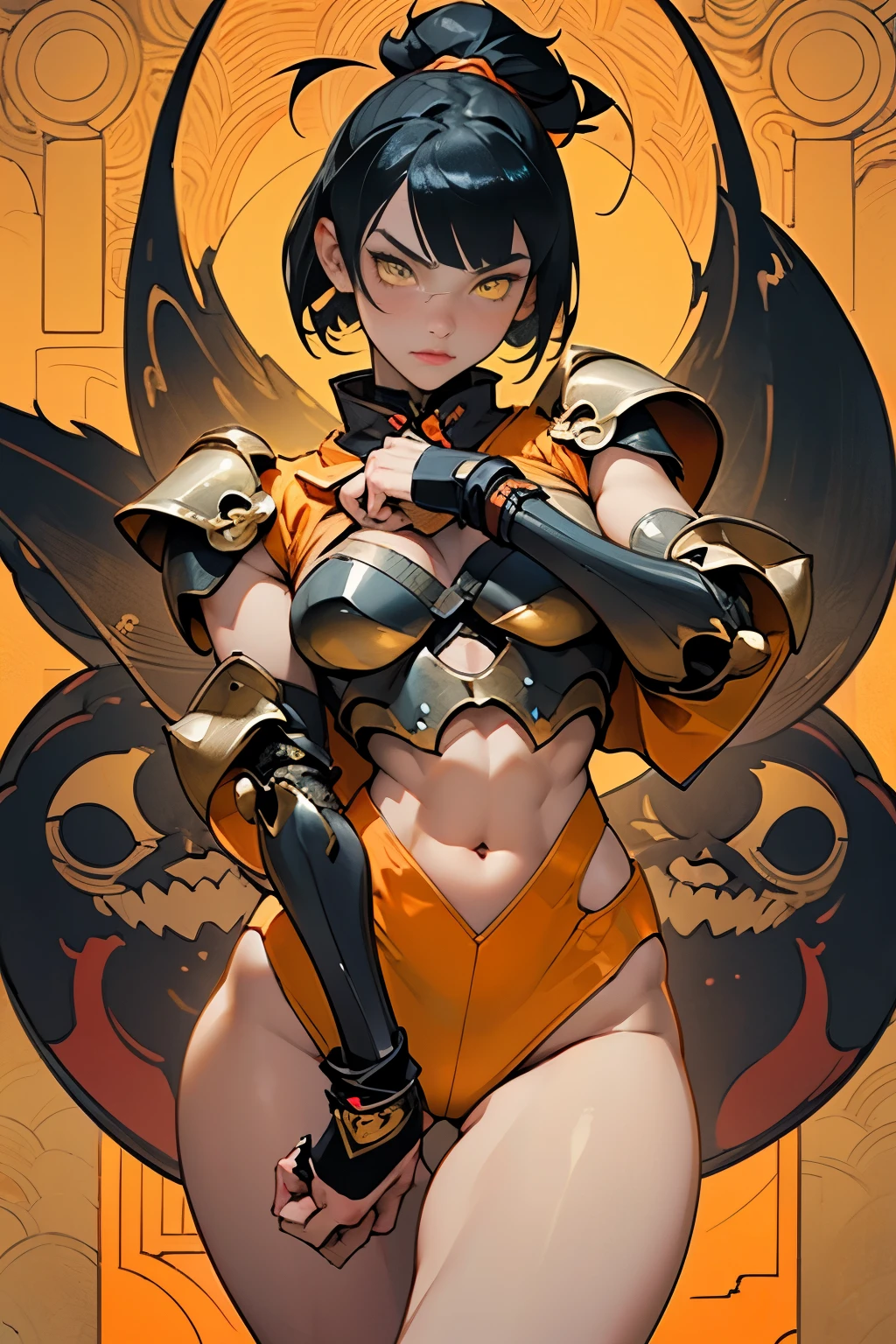 [Shinjuku background at night],Ginrei from Giant robot, (HENTAI ANIME) (Japanese NINJA Girl (Beauty) 19yo student) petite and muscular [Slim & fit body], Short Bob Cut,([hornet] Orange Ninja Battle Armor) scarf [stall] ((Fitting rubber inner) [honeycomb] [edg]) hair adornments (Dull metallic luster:0.8),gravure [KUNOICHI],(Perfectly proportioned),Ideal color coordination),(Intricate and beautiful decoration (Dense detail)),[Perfect hand details],(Beautiful perfect face, yellow eyes, yellow irises, [Perfect eye details, [Full body like], fit thighs, thigh gap,[[Desaturation]], pretty hands, perfect fingers