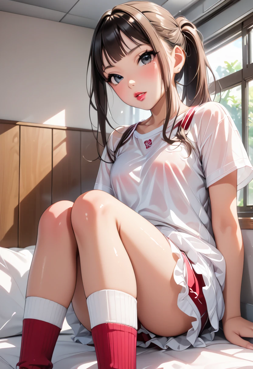  (Shibuya　Rin:1.3)， beautiful face,Dyed bright red, shiny pink lips,  on the bed,masterpiece,  best quality,  VERY BEAUTIFUL, up to date, Complex details, ,AI-generated, Complex, high definition ,  best quality,  Can be seen by super high quality people，Blonde， ponytail， Tanned Skin，Anime Women, {{{ (nsfw，masturbation, :1.5}}}，girl, gal, blond hair, tanned skin, lips, gloss, baggy socks, class room, satin lingerie, best quality, very aesthetic, nsfw,nude