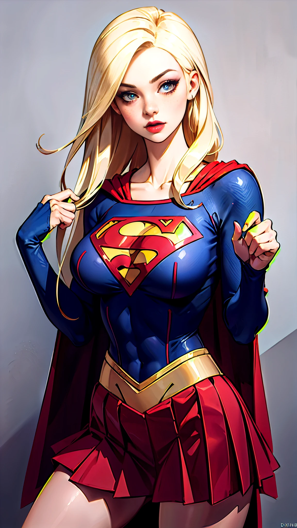 (masterpiece, best quality, sfw, by Krys Decker), 1girl, detailed eyes, long blonde hairs, freckles, supergirl (red pleated miniskirt), big_huge breasts, dinamic pose