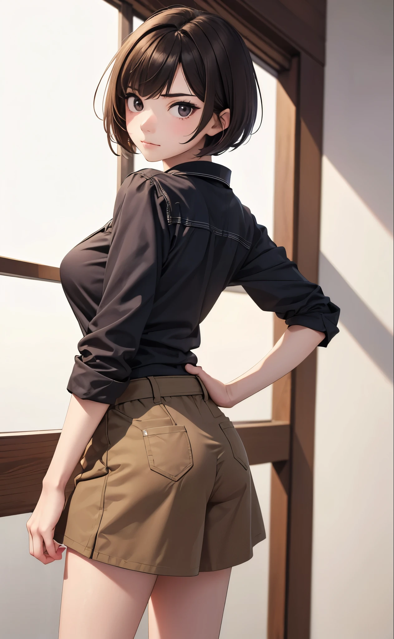 (((masterpiece, best quality, ultra highres, 1 girl, solo:1.5, no background))), Natural light from the front, super detailed skin and face and eyes and finger, beautiful japanese woman, flat breasts:1.5, skinny, pixie cut, light brown hair, (((very short pixie hair))), knee shot, white background, boyish, Various poses, nana komatsu, anime, faint smile, various casual wear, turn one's back on,