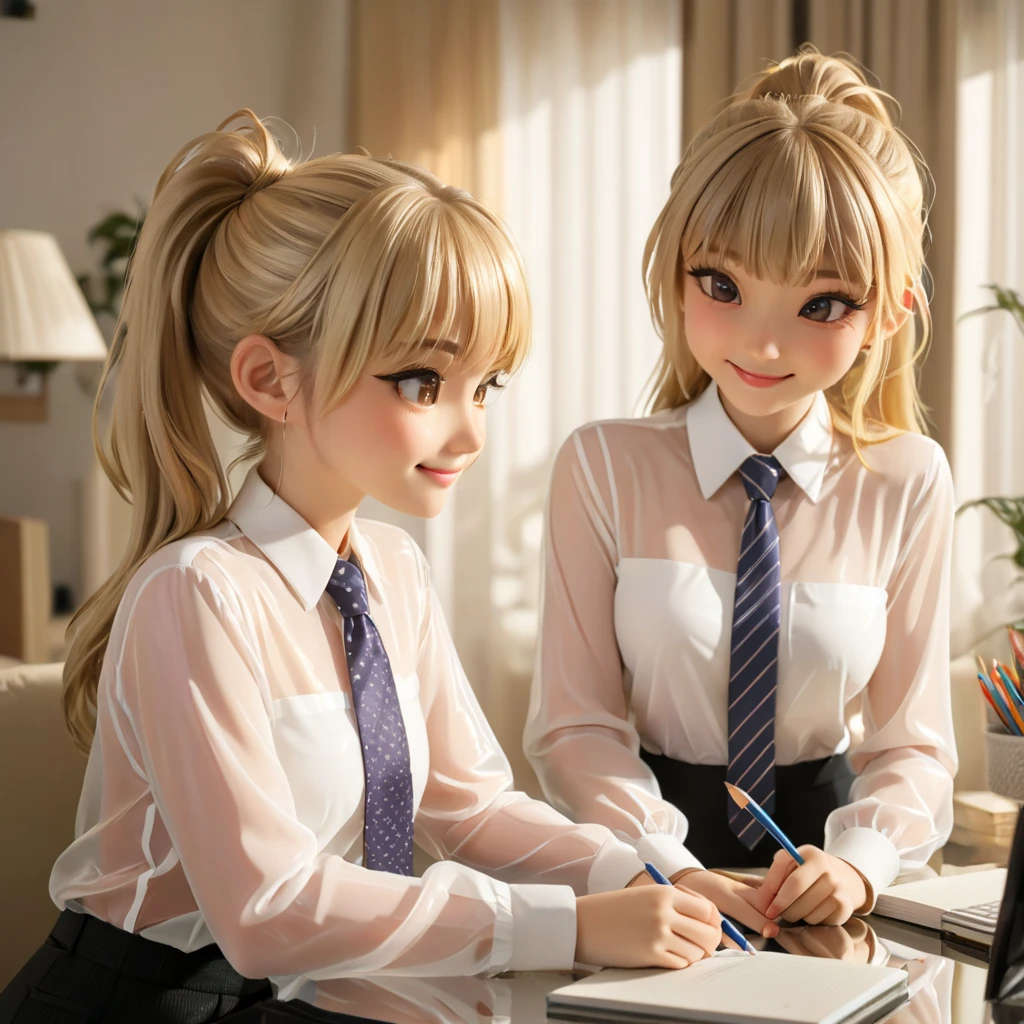 4 girls, Buttoned into an extremely tight shiny transparent blouse, blonde hair,  ponytail , Bangs, smile, Lens reflection, Reflected light, Are at home and doing homework , Necktie 