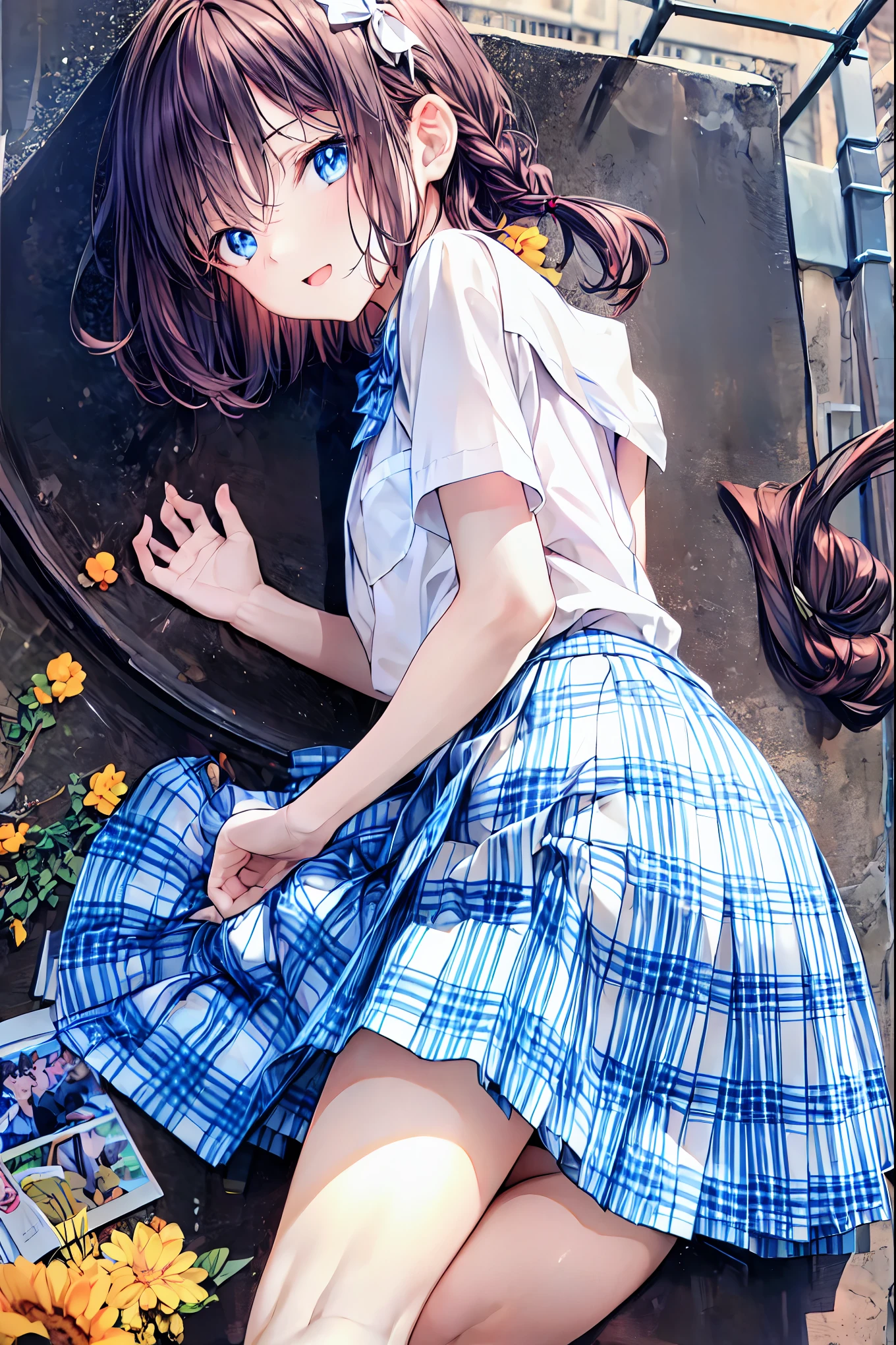 Browsing Caution,​(Highest quality, 8k, masterpiece:1.3,beautiful girl), (Very detailed)Glowing Skin,((Short sleeve, cute navy sailor suit, Navy Pleated Skirt, Navy sailor collar, Blue Sailor Scarf, socks, Brown Loafers)), ,(Perfect Anatomy, Anatomically correct, Very detailed肌),((Golden Eyes)),((Perfect Fingers,Five Fingers)),((Black Hair,Bobcut,)),Natural Makeup,Smile in full bloom、,Rear View、cheeks turn a little red,Please put your shoes back on,Crouch forward,Front Angle,Slope,Full of energy