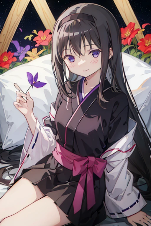  best quality, masterpiece,  high definition , Alone, {Akemi_Homura_魔法少女まどか☆マギカ:1.15}, black_hair, length_hair, hairband,  purple _eye, 1人of女of子,smile,sit, bow, Clothes_yukata_black,  head_outside_of_Frame,Flower Field_night,background_sea