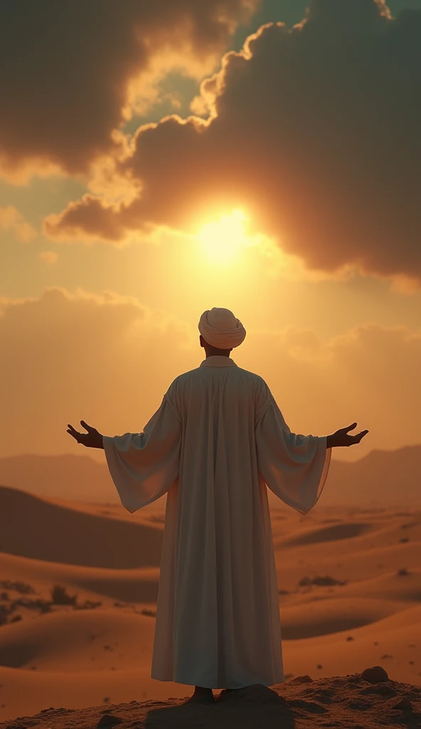 (photorealism:1.2), a priest in white turban stands looking at the yellow light from the sky shining on his body, set desert location dusk day dark clouds , both hands raised upwards , image in cinematic zoom .