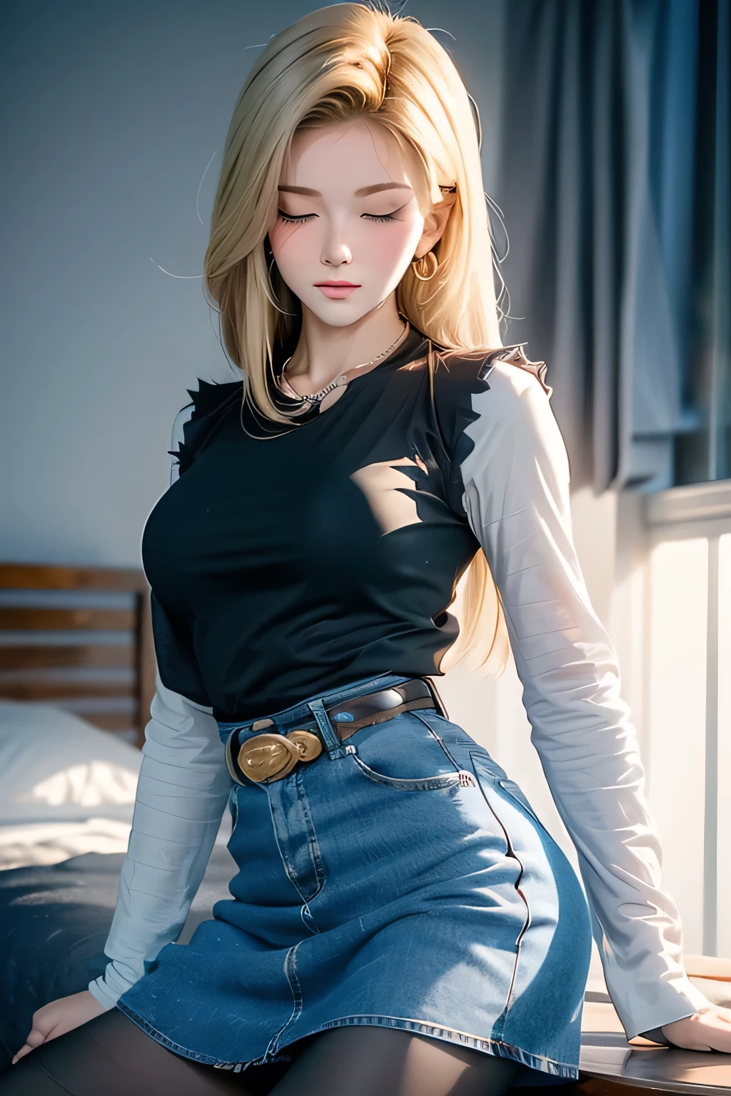 1girl, white skin, mature, yellow really long hair, thick eyebrows, blue colored eyes, mole below eye, thirsty, blue cropped blouse with ribbon, white silk shorts with side slits, well built, small waist, widest thighs, wide thigh gap, one hip forward, standing, in coffee shop, shot from below, 8k, photorealistic