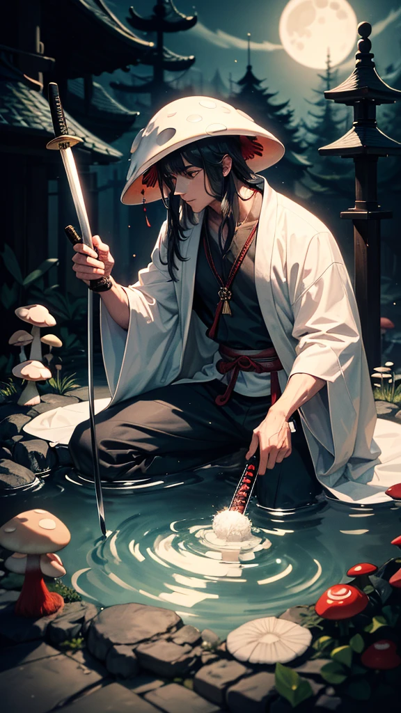 A mushroom man, a man in white robes, holding a samurai sword, a water bath, in a black full moon night.