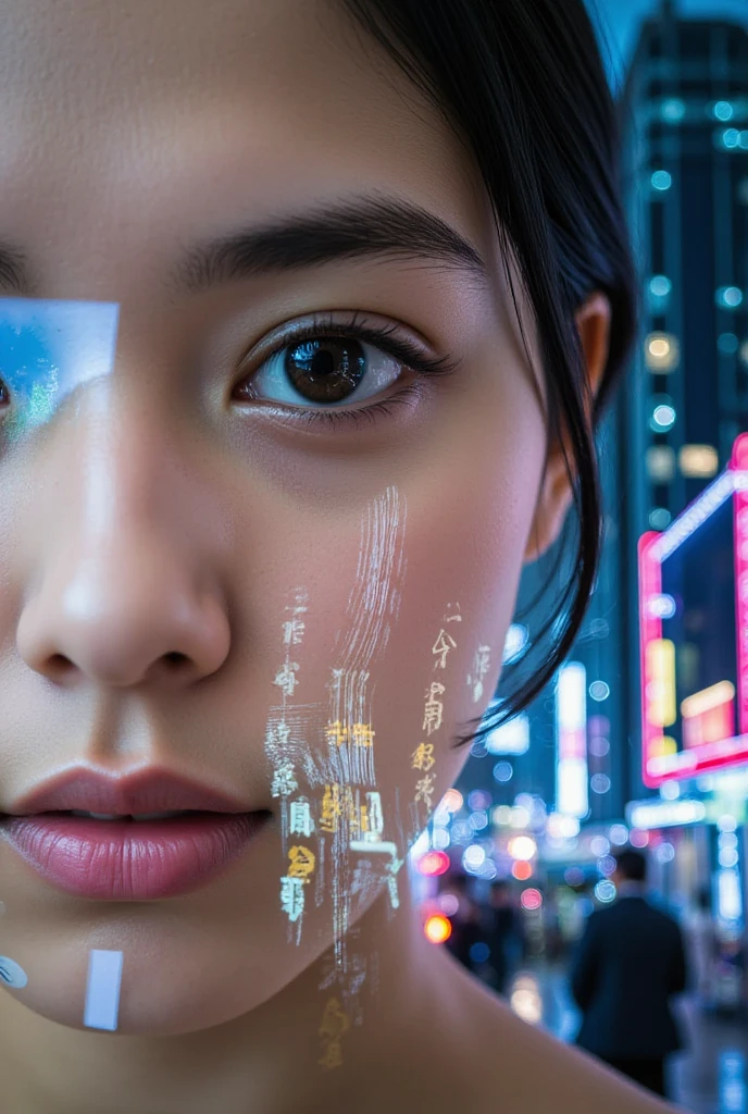 (masterpiece, digital art:1.3), highly intricate double exposure art inspired by Yuumei, (close-up of a person's eye:1.2) superimposed on a bustling city street, cyberpunk aesthetic, trending on CGSociety, multiple exposure technique, overlaying textures with glowing holographic elements, technicolor palette, bright city lights illuminating the scene, reminiscent of "The Matrix" film's Pinterest color scheme, high definition rendering, colorful dream-like atmosphere, elaborate details in the digital art, futuristic and vibrant, captivating visual narrative.