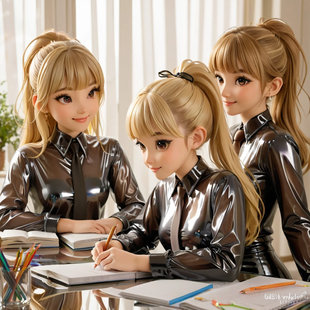 4 girls, Buttoned into an extremely tight shiny transparent latex blouse, blonde hair,  ponytail , Bangs, smile, Lens reflection, Reflected light, Are at home and doing homework , Necktie 