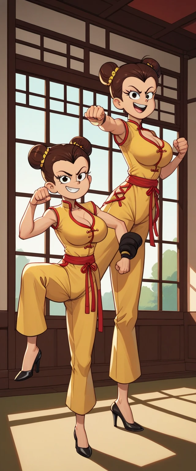 luan loud, 2girl, duo, 24yo girl, large breasts, yellow cheongsam,  inside of a chinese temple, looking at viewer, brunette hair, two hair buns , hands  score_9, score_8_up, score_7_up, high heels, teep fighting stance,martial arts, chest window, twins