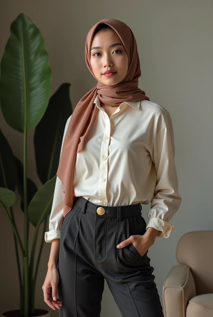 Top Quality, Masterpiece, High Resolution, 8k, a young indonesian woman standing in front of a white building with a large glass door. She is wearing a white hijab, a long-sleeved top, beige pants, and white sneakers. She has a white bag slung over her shoulder and is posing with her hands on her hips. The building has a modern design with white walls and a large window on the left side. Through the window, we can see a store with a counter and a display case with various items inside. The woman is looking directly at the camera with a confident expression. Lora : Indonesian LifeLike, perfect fingers. Perfect body