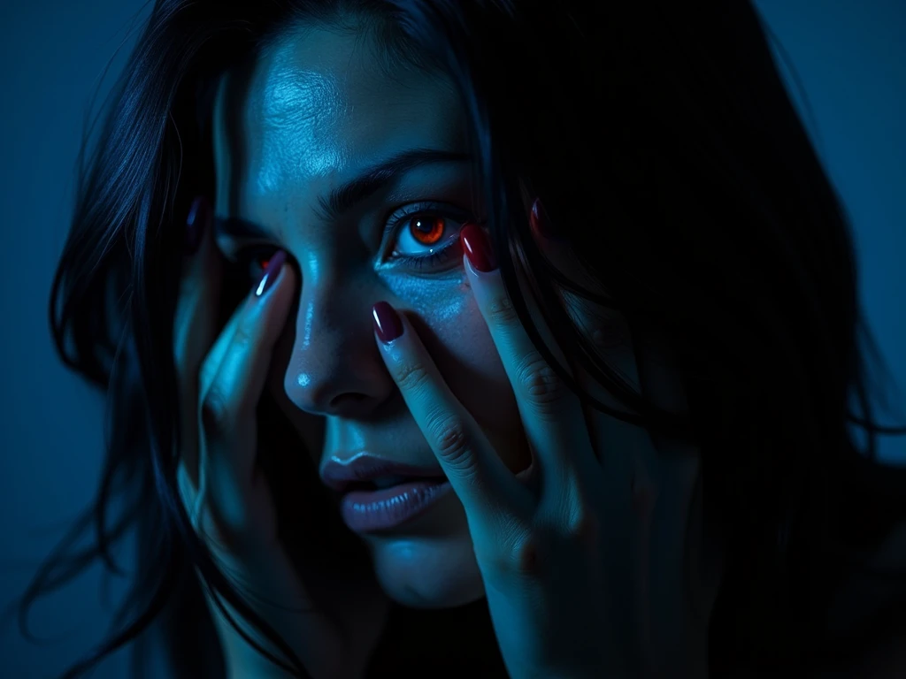 A striking image features a woman of dark mystery, full body, psychology, embracing the darkness with red eyes and he has spectacular hair on the right side with tears in her eyes, partially covering her face with her hands, conveying intense emotions of sadness or vulnerability. Her expression reflects anguish as she gazes into the distance, amplifying the dramatic atmosphere. The background is blueish, highlighting the main elements and adding depth to the scene.