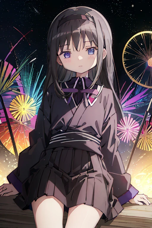  best quality, masterpiece,  high definition , Alone, cute, {Akemi_Homura_魔法少女まどか☆マギカ:1.15}, black_hair, length_hair, hairband,  purple _eye, 1人of女of子,smile,sit, bow, Clothes_yukata_black,  head_outside_of_Frame,background_sea_firework