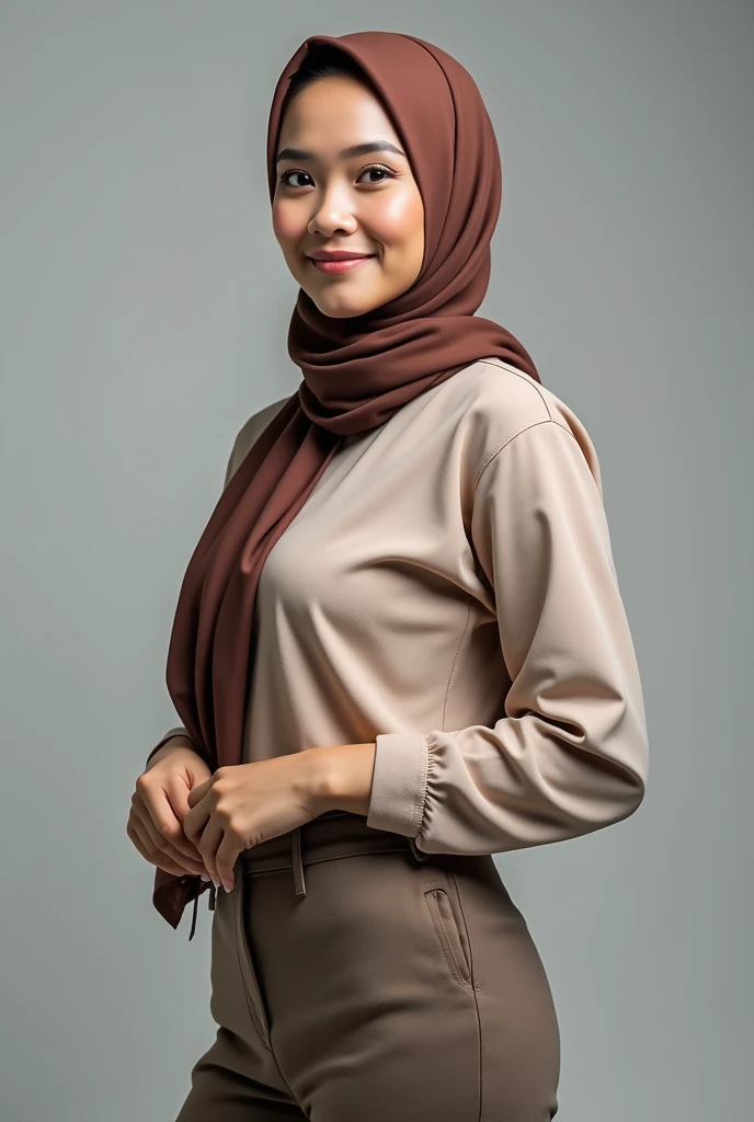 Indonesian woman, chubby body, wearing long dress, wearing hijab