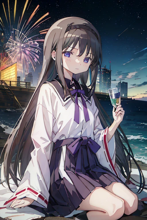  best quality, masterpiece,  high definition , Alone, cute, {Akemi_Homura_魔法少女まどか☆マギカ:1.15}, black_hair, length_hair, hairband,  purple _eye, 1人of女of子,smile,sit, bow, Clothes_Hakama,  head_outside_of_Frame,background_sea_firework