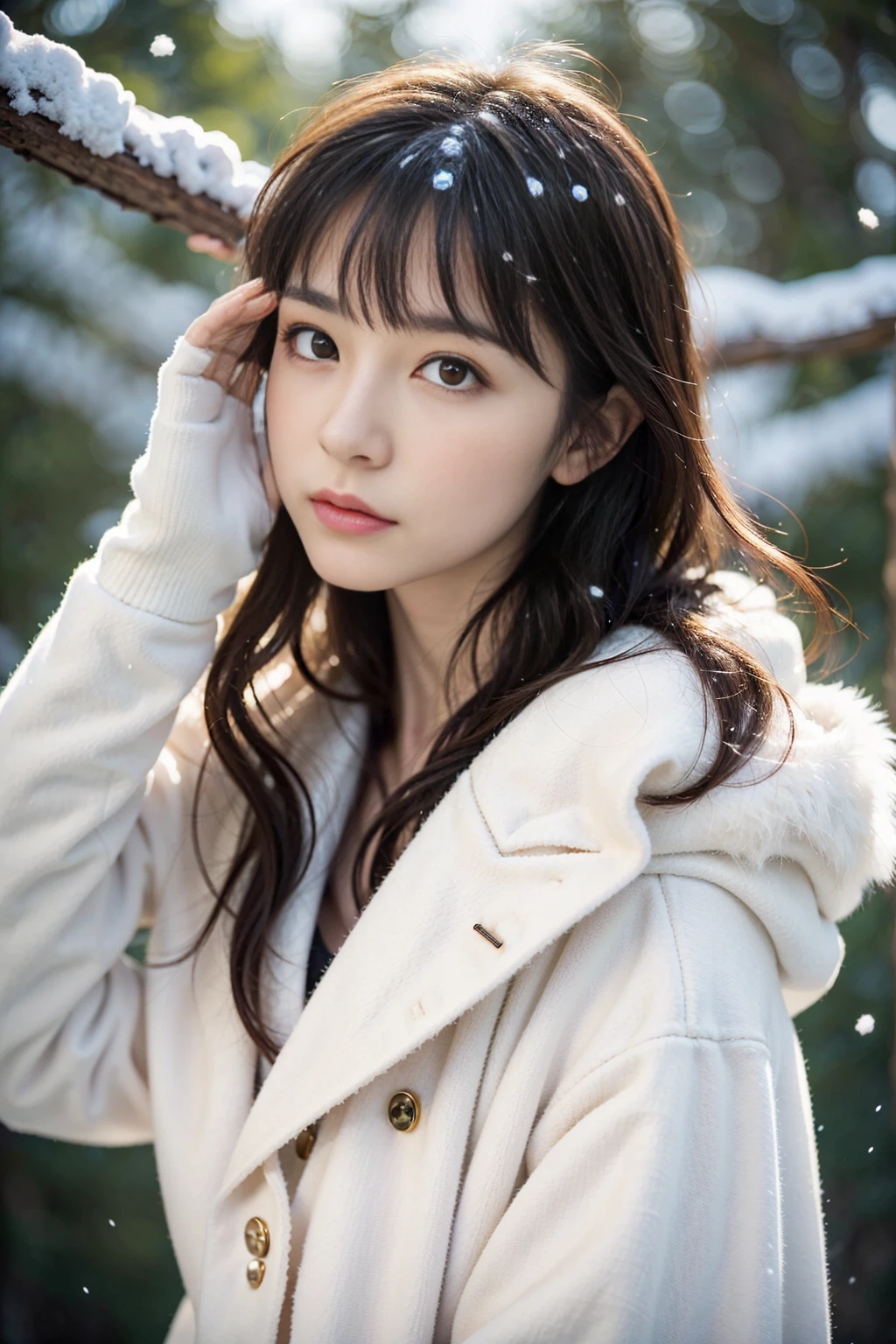 (8k, best quality, masterpiece, ultra highres:1.2) Photo of Pretty Japanese woman
 in the (style of paul rubens and rebecca guay:1.1) (melancholy winter snow:1.4)