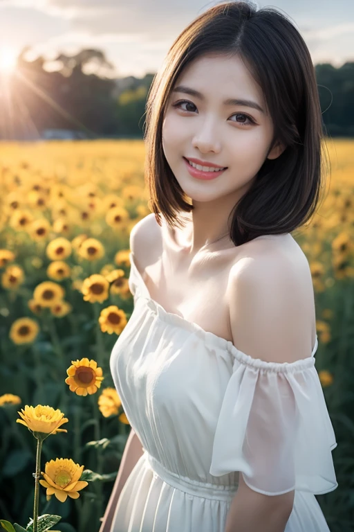 (Highly detailed CG Unity 8K wallpapers), (​masterpiece), (top-quality), (ultra-detailliert), (Best Shadows), (Photorealsitic:1.6), Real Human Skin, Lens Flare, Back lighting, bloom, depth of fields, natural soft light, Hard Focus, Film grain, Watch your audience, Cute AKB:1.2, a park、canola flower、(Triangular sitting)、 Cropped tank top、skiny, Thin skin, Soft lips、thighs thighs thighs thighs、white  panties、shiny brown eyes、Black straight hair、tiny chest、Beautiful detailed sky、beatiful detailed eyes、Happiness、A smile