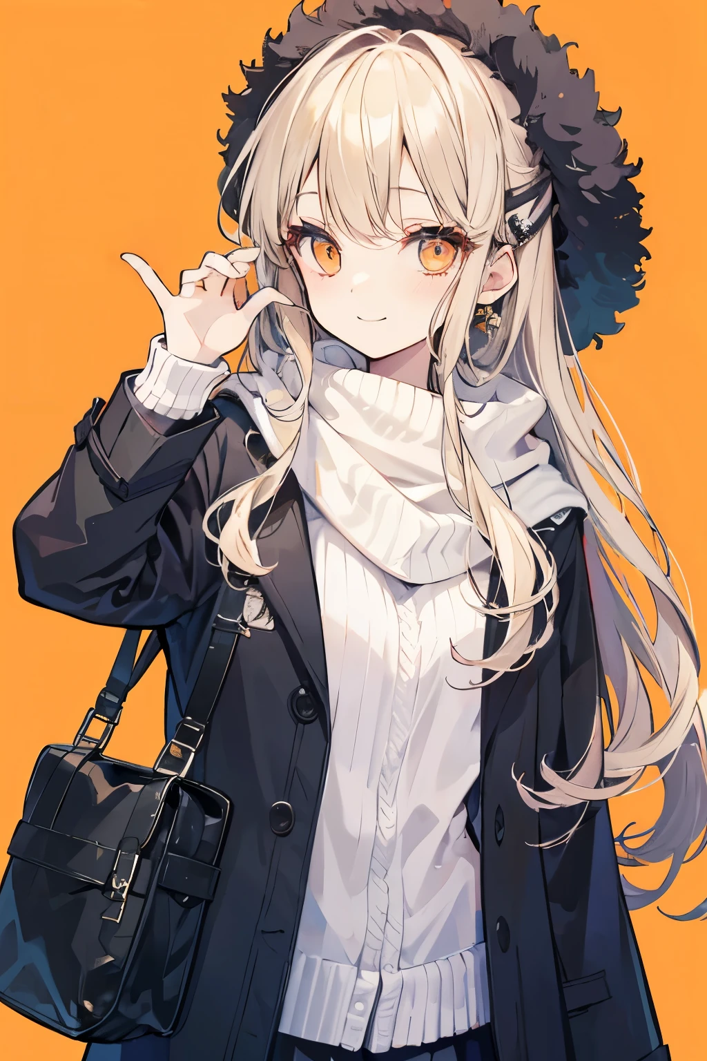   high definition、 best quality、masterpiece、超 high definition、1 female、Age 25、Simple Background、 long hair、 review、Natural Curl、Hair Ring、Orange eyes、Slanted Eyes、smile、 slender figure,Winter clothes、 head on、