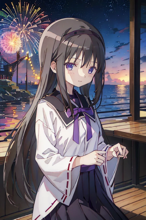  best quality, masterpiece,  high definition , Alone, {Akemi_Homura_魔法少女まどか☆マギカ:1.15}, black_hair, length_hair, hairband,  purple _eye, 1人of女of子,smile,sit, bow, Clothes_Hakama,  head_outside_of_Frame,background_sea_firework