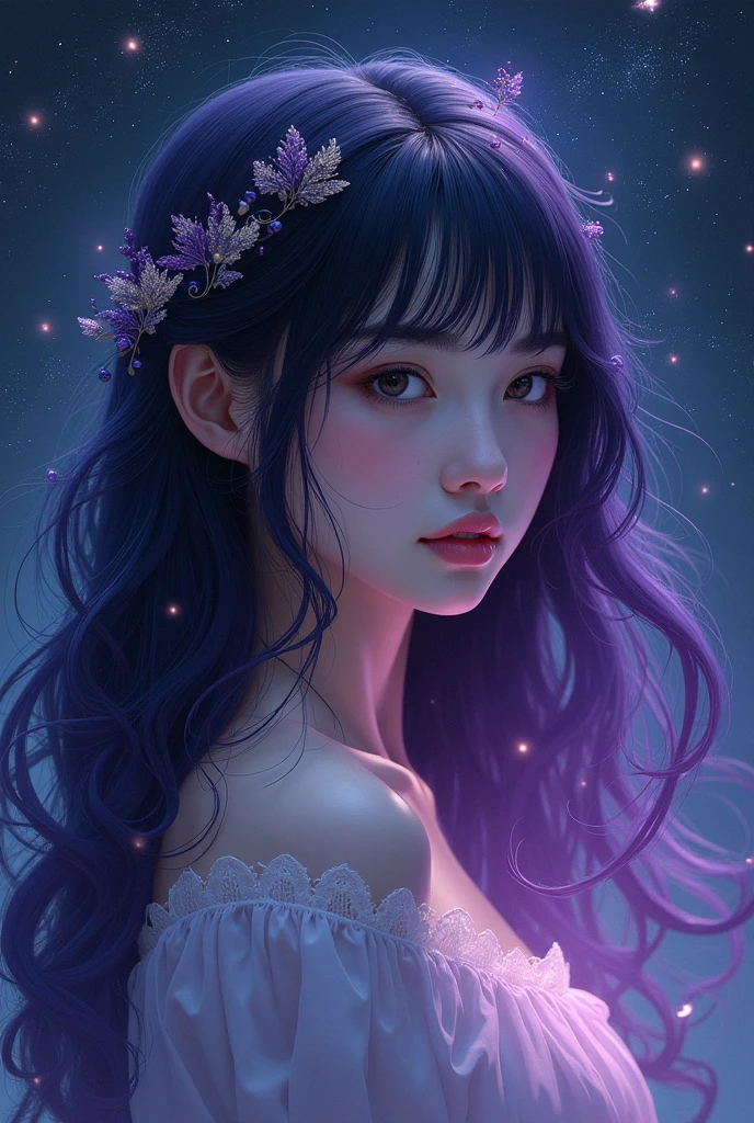 masterpiece, best quality, high quality, absurdres, 1girl, star \(sky\), 1girl, starry sky, dress, solo, long hair, light particles, gradient, gradient background, bare shoulders, night sky