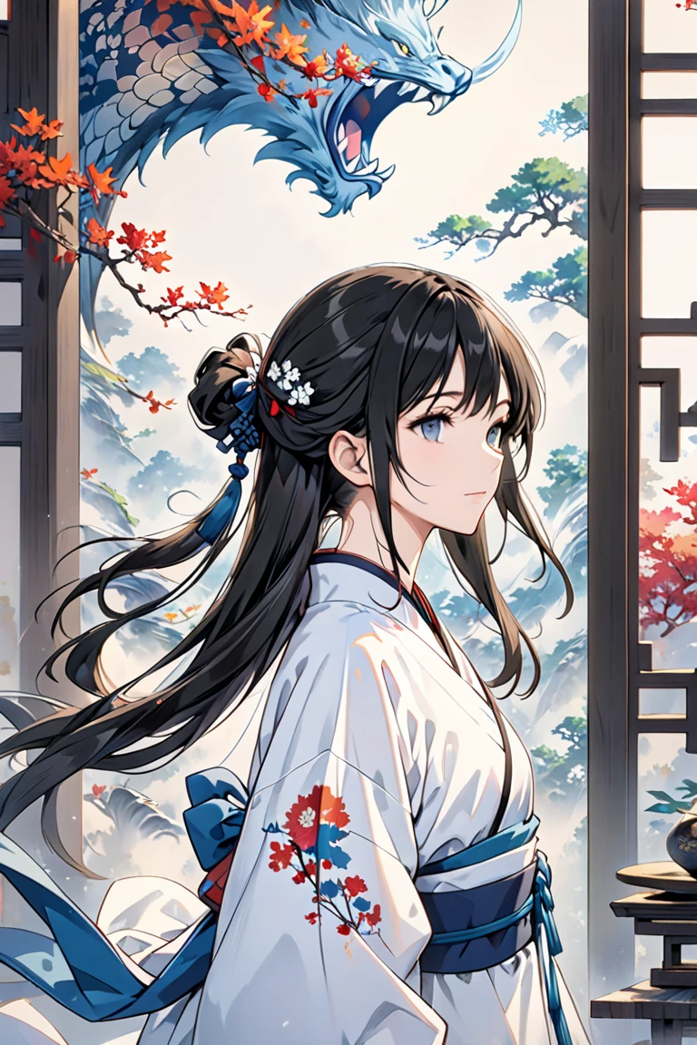 (masterpiece,  Top Quality ,  Top Quality , Official Art,  beautiful and aesthetic :1.2),(1 :1.3), (Fractal Art:1.3),Upper body, Shota, pattern,  black head, Long hair, Half-tied hair, Hair tied in half, Gray eyes, No chest ,  ancient Chinese oriental style, 2D,  anime style, From the side, good-looking,  no eyelashes, Does not emphasize the chest, 차가운 인상, 1boy, 나이 어린 소년