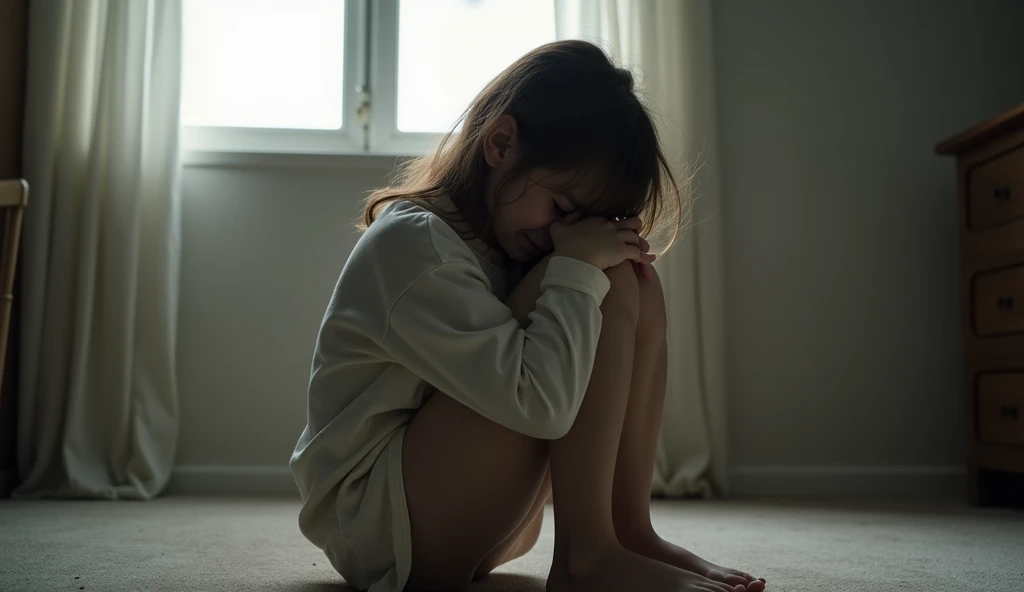 Girl, solo in an embarrassing moment, exposing her ugly feelings, wears a simple yet photo-realistic outfit consisting of a white blouse and a plaid skirt, her long hair cascading down her shoulders. She clutches her school shoes tightly, covering her red face with her hands. White stockings adorn her legs, adding to her schoolgirlish charm. The scene is captured in a stunningly realistic photograph, with natural light illuminating every detail, highlighting every wrinkle and crease on her face, making the image all the more engrossing