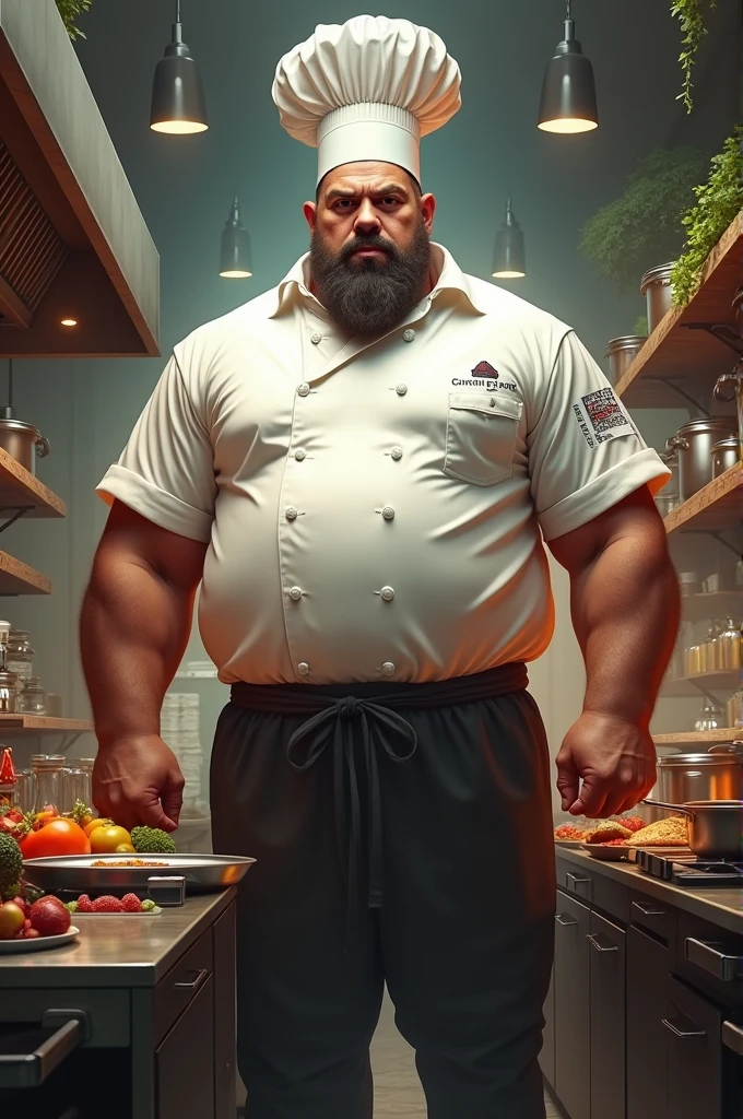 Realistic drawing of a barbecue chef 3 with short black hair 100 kilos