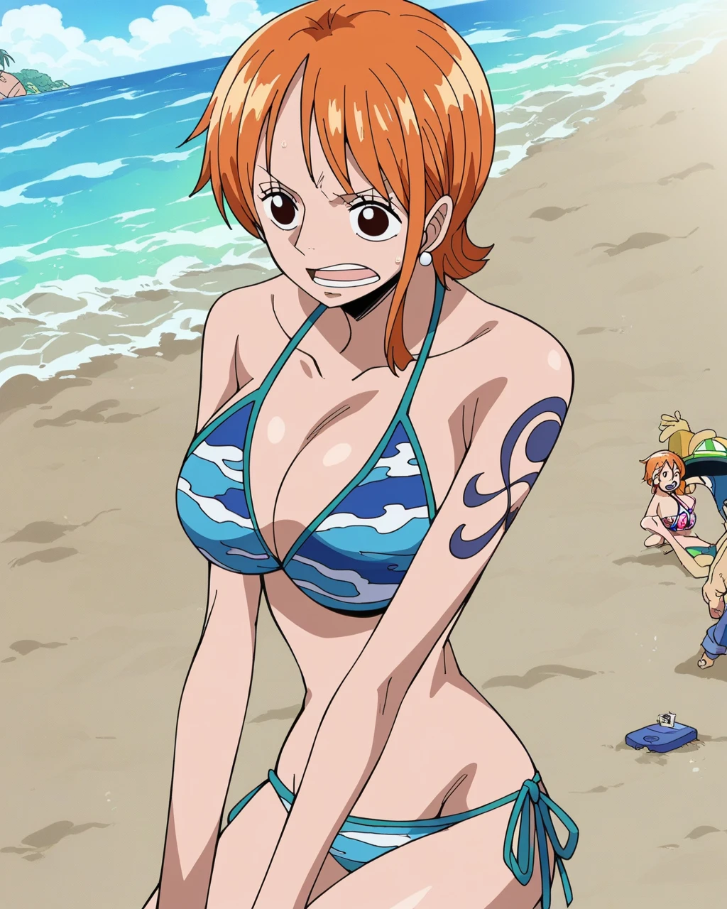  score_9,  score_8_up,  score_7_up,  score_6_up, sauce_Anime, Anime_ style , 2D, , Nami shortcut、Nami、 orange hair 、 one piece ,  beach ,  1 girl,  Big Breasts ,  bikini,   shorthair , The sunlight is dazzling、 beach パラソル　Middle-aged man　Sneaking up　Harassment　　Middle-aged manが尻をつかむ　A man approaches