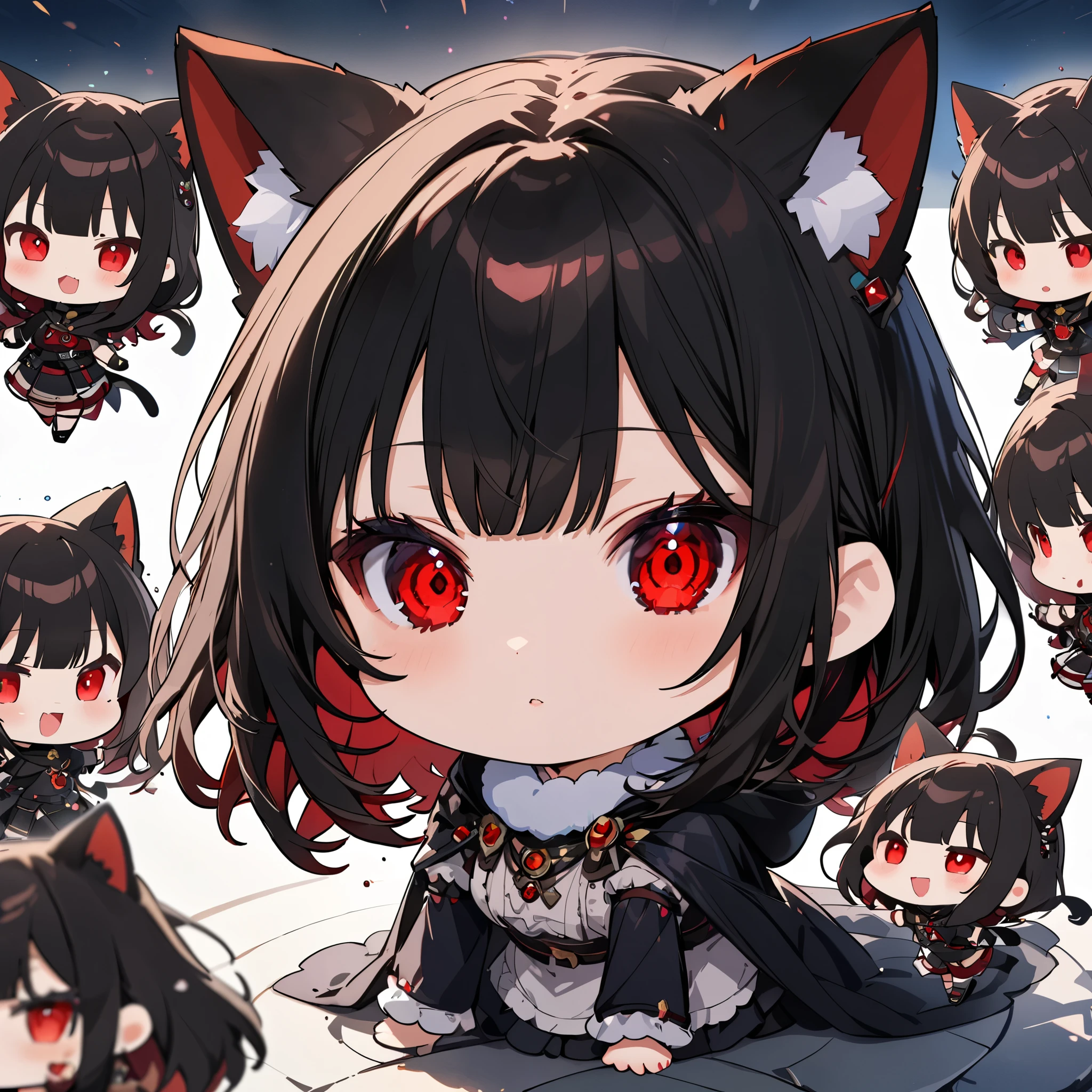  masterpiece,  top quality , 非常にDetailedな, cipher, A girl,  long black hair , bright red eyes, Cat ears, black cape, fluffy neck, Tomorrow、(chibi character:1.6)、( top quality 、 masterpiece、 High resolution、Detailed)、animatedスタイル、flat style、(bright eyes、Detailed美しい顔),  BREAK、extremely Detailed、high saturation, dynamic angle 、animated