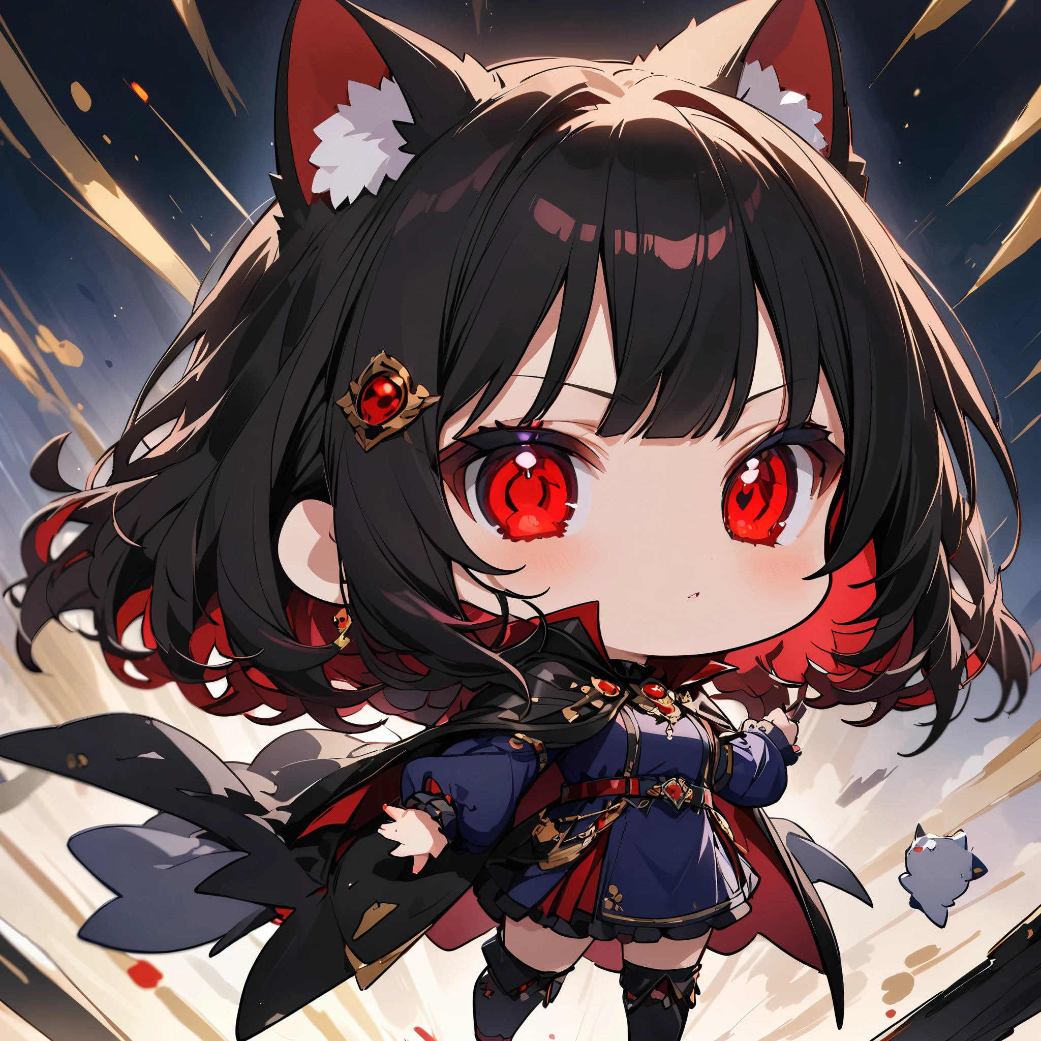  masterpiece,  top quality , 非常にDetailedな, cipher, A girl,  long black hair , bright red eyes, Cat ears, black cape, fluffy neck, Tomorrow、(chibi character:1.6)、( top quality 、 masterpiece、 High resolution、Detailed)、animatedスタイル、flat style、(bright eyes、Detailed美しい顔),  BREAK、extremely Detailed、high saturation, dynamic angle 、animated