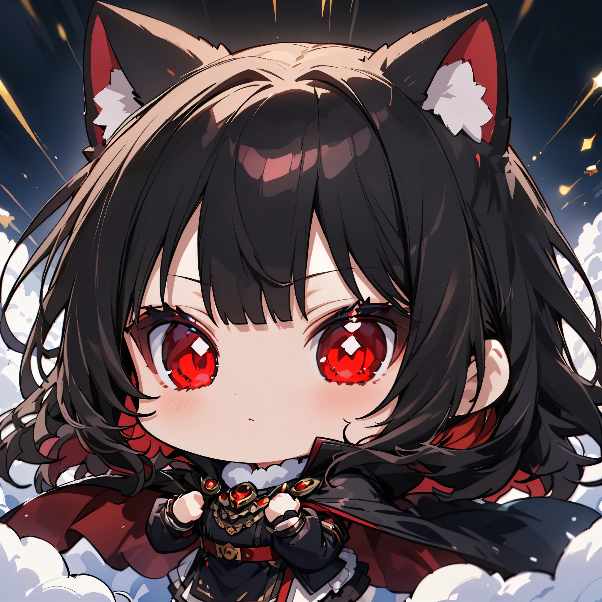  masterpiece,  top quality , 非常にDetailedな, cipher, A girl,  long black hair , bright red eyes, Cat ears, black cape, fluffy neck, Tomorrow、(chibi character:1.6)、( top quality 、 masterpiece、 High resolution、Detailed)、animatedスタイル、flat style、(bright eyes、Detailed美しい顔),  BREAK、extremely Detailed、high saturation, dynamic angle 、animated