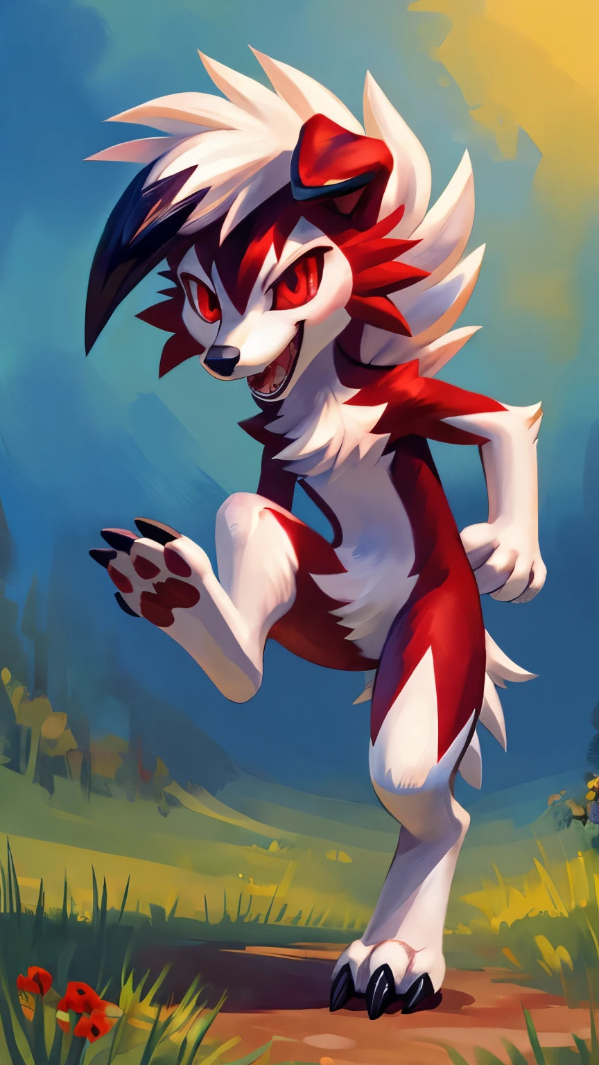 by:hirochanu,midnight_lycanroc,45° Side face,smile,tongue ,solo,openmouth, All body,toe claws,teeth,tail,facial tuft,claws,chest tuft,stand