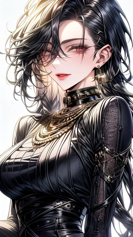 Generate an image of a woman with short black hair with blue highlights, sky-blue eyes with black makeup, and lips painted in soft red. She is wearing a black half-armor on the upper part and a black dress with a side slit at the lower part of her body. Her skin is fair with tattoos on her hip. She wears black heels with scales and a crown of black short spikes. Additionally, she wears a blue cape with black and golden embroidery. She is located in a gallery with tall black columns and a dark background, brightly illuminated, with a somewhat angry expression, full body various poses