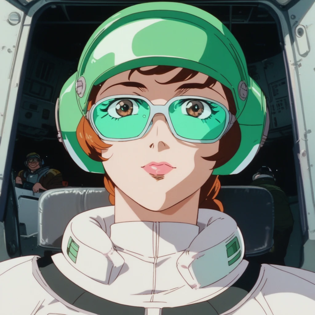 analog style, vhs style, old anime,  Japanese curvy A  fat young boy pilot wearing White space suit, green visor helmet with glasses at gundam Cockpit　at space