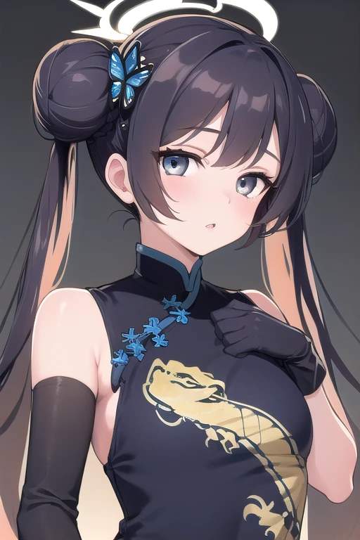 ultra-detailed,
master piece,best quality,high resolution,
beautiful eyes,detailed eyes,detailed face,
beautiful detailed eyes,symmetrical clear eyes,
1girl,kisaki, grey eyes, black hair, hair bun, double bun, twintails, butterfly hair ornament, halo,, china dress, black dress, sleeveless, dragon print, gloves, (whole body:1.5),wide hip